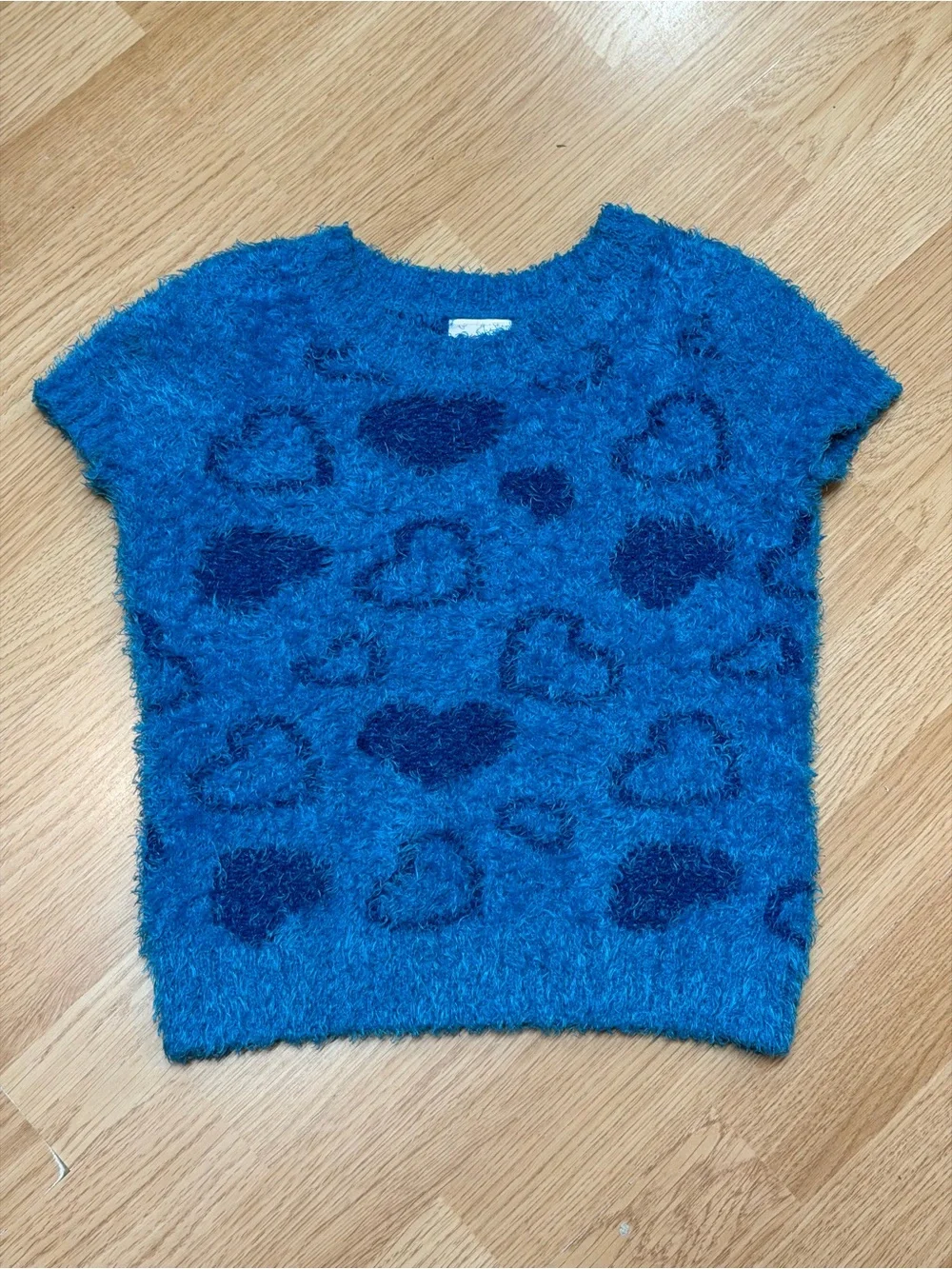 Justice Girls Blue Fuzzy Eyelash Knit Leopard Spot Short Sleeve Sweater Size 8